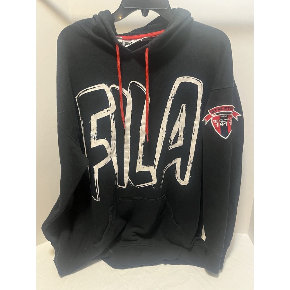 Vintage FILA Hoodie Black Large FILA Print Size L 1911 Sleeve Patch